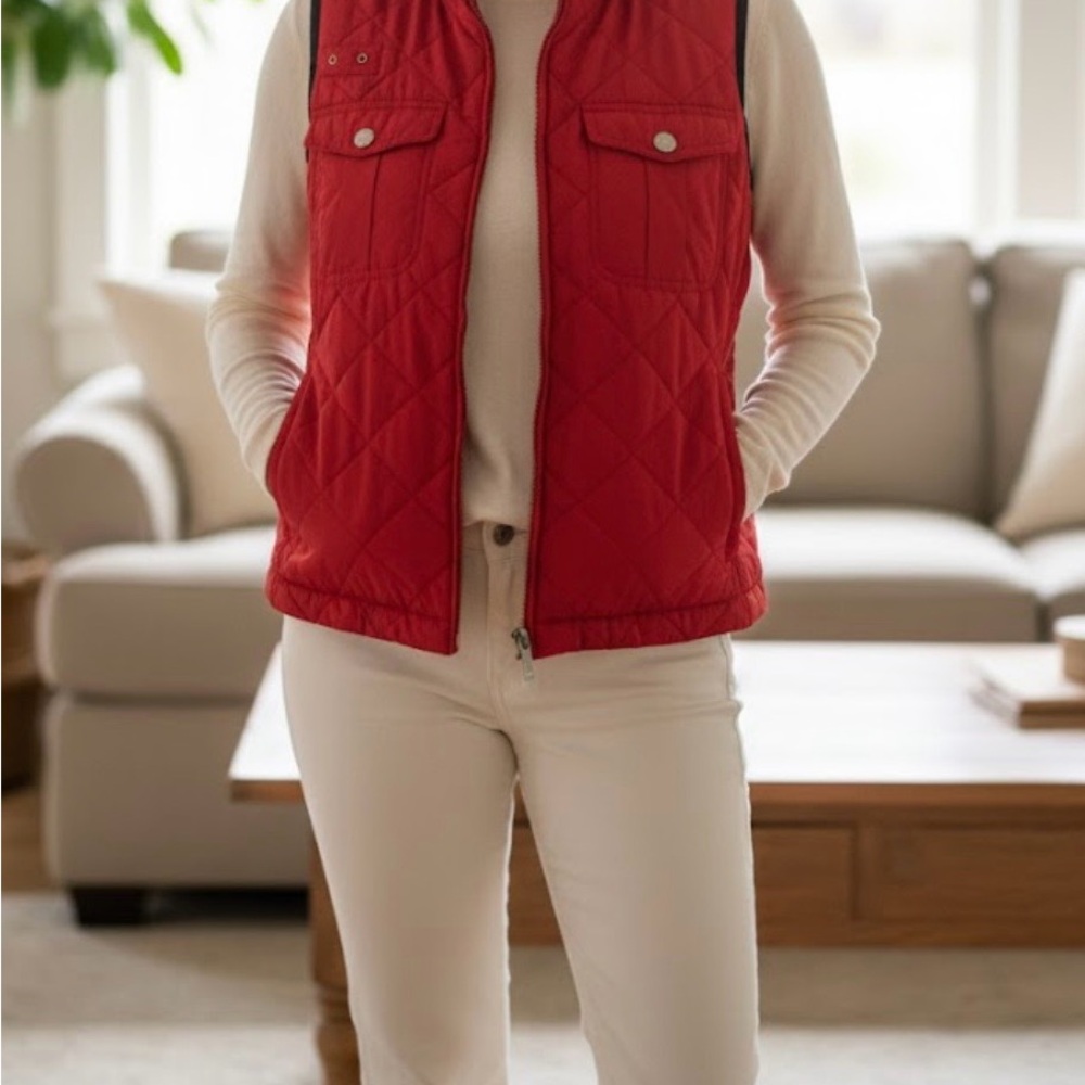Lauren Ralph Lauren  Vest Womens Red Quilted Snap Pockets Zip Petite P/M
